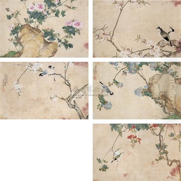 Flowers And Birds (+ 4 Others; 5 Works) Oil Painting by Ju Lian