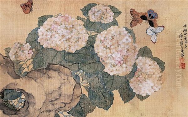 Flowers And Butterfly Oil Painting by Ju Lian