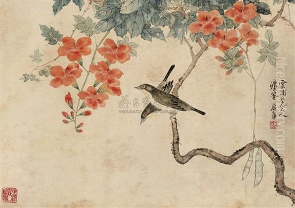 Bird And Flowers Oil Painting by Ju Lian