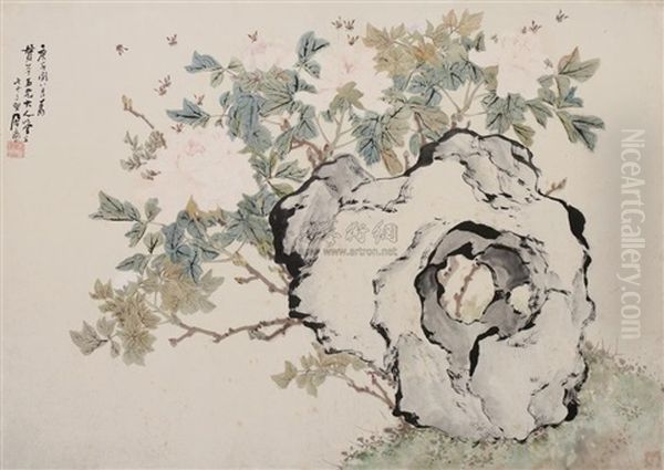 Bee, Flowers And Rock Oil Painting by Ju Lian