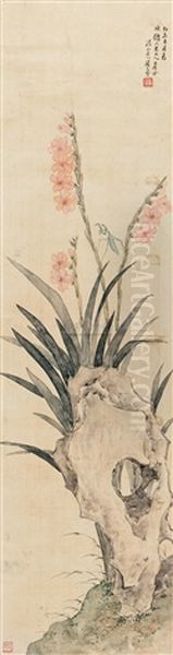 Flowers And Rock Mantis Oil Painting by Ju Lian