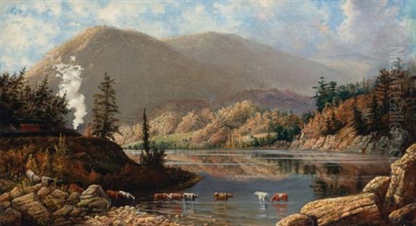 River Landscape With Cows Wading, A Train Passing By Oil Painting by William Lee Judson