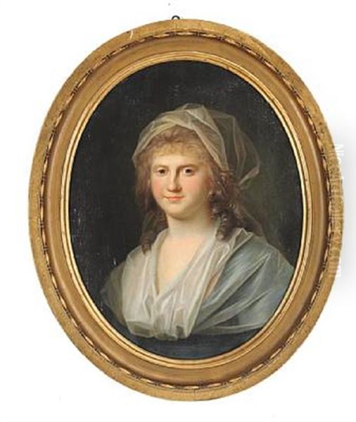 Portrait Of Ingeborg Kathrine Lange, Nee Wilsbech (1766-1840), In A Blue Dress. Married To General Ole Tonder Lange To Oxholm, Bratskov And Kastrupgaard Oil Painting by Jens Juel