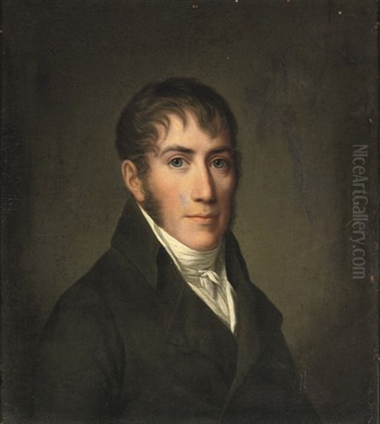 Portrait Of A Gentleman In A Black Costume With A White Chemise Oil Painting by Jens Juel