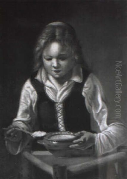 A Girl Eating From A Bowl At A Table Oil Painting by Jens Juel