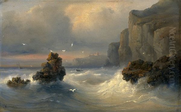 Sturmische See Vor Einer Felsenkuste Oil Painting by Jean Marie Auguste Jugelet