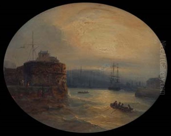 Harbor Scene At Sunset With Various Shipping Oil Painting by Jean Marie Auguste Jugelet