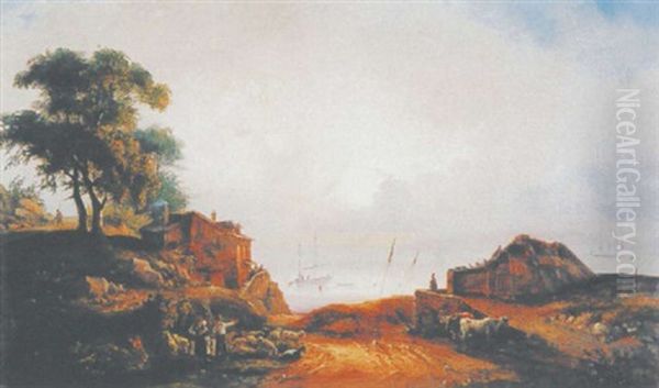 Kustenlandschaft Mit Schiffen, Tier- Und Figurenstaffage Oil Painting by Jean Marie Auguste Jugelet