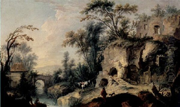 A Rocky River Landscape With Ruins, A Washerwoman Hanging Up Her Laundry, Fishermen And Other Figures Oil Painting by Nicolas-Jacques Juliard