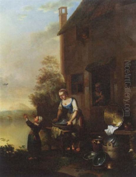 Magd Beim Putzen Von Kuchengeraten Oil Painting by Justus Juncker