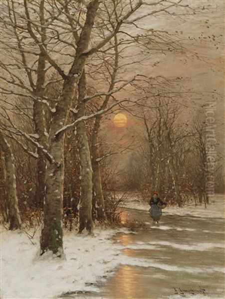 Winter Landscape In The Evening Light Oil Painting by Johann II Jungblut