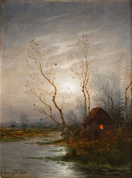 Nocturne With A Hut Oil Painting by Johann II Jungblut