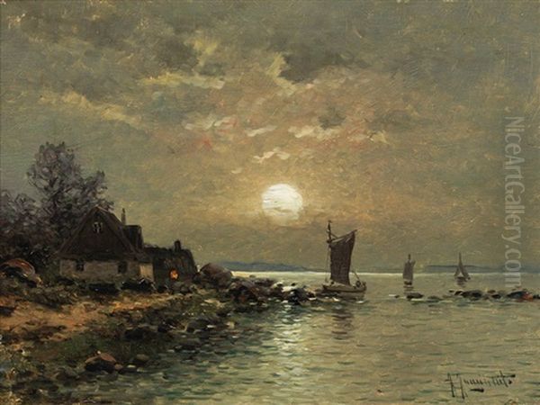 Coastal Landscape With Fishing Boats Oil Painting by Johann II Jungblut