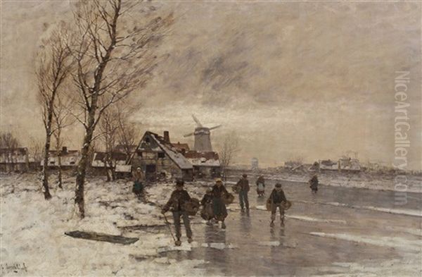Winter Landscape With Many Figures On The Ice And A Mill In The Background Oil Painting by Johann II Jungblut