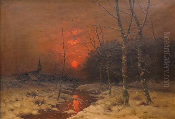 Winterlandschaft Mit Sonnenuntergang Oil Painting by Johann II Jungblut