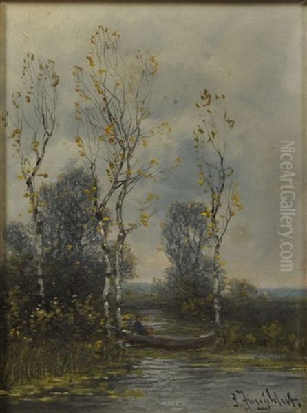 2 Gemalde: A) Wintertag Am Altwasser Mit Krahen; B) Herbstliche Landschaft Mit Boot Auf Kanal Oil Painting by Johann II Jungblut