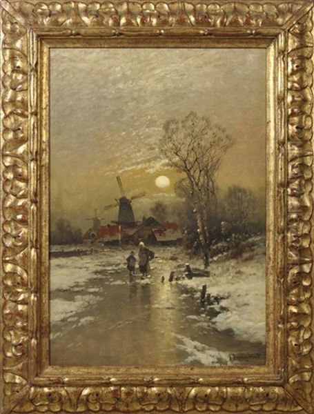 Hollandische Winterlandschaft, Zwei Fusganger Auf Zugefrorenem Kanal Oil Painting by Johann II Jungblut