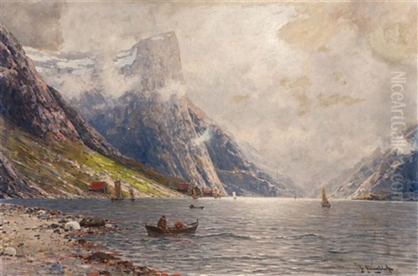 Norwegian Fjord Landscape With A Fishing Boat In The Foreground Oil Painting by Johann II Jungblut