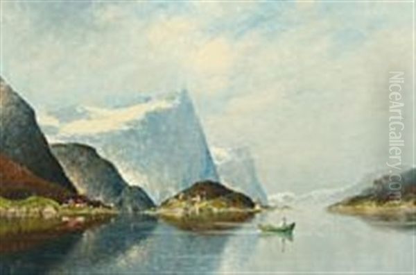 Scenery From A Norwegian Fiord With A Man In A Rowboat Oil Painting by Johann II Jungblut