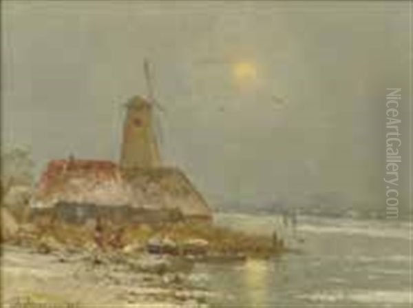 Winterlandschaft In Holland Mit Zugefrore- Nem Kanal Oil Painting by Johann II Jungblut