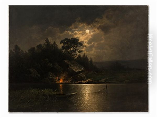 Campfire By Moonshine Oil Painting by Johann II Jungblut