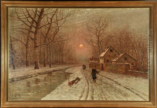 Abendstimmung Uber Winterlicher Dorfstrase Mit Personen Oil Painting by Johann II Jungblut