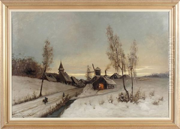Winterliche Dorfstrase Beim Schein Der Untergehenden Sonne Oil Painting by Johann II Jungblut