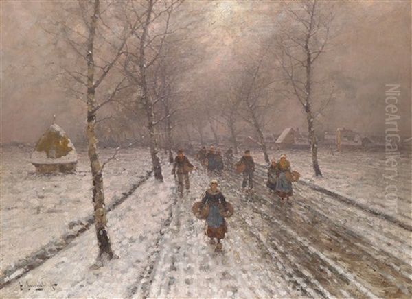A Winter Afternoon Oil Painting by Johann II Jungblut