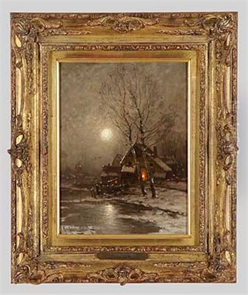 Mondnacht Uber Hollandischem Dorf Im Winter Oil Painting by Johann II Jungblut