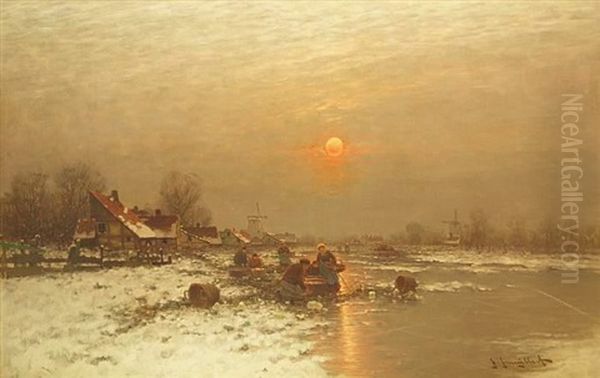 Romantische Hollandische Winterlandschaft In Abendsonne Am Fluslauf Oil Painting by Johann II Jungblut