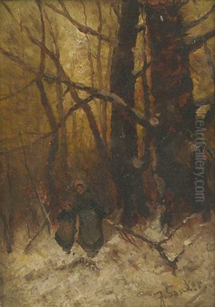 Frau Und Madchen Im Verschneiten Wald Oil Painting by Johann II Jungblut