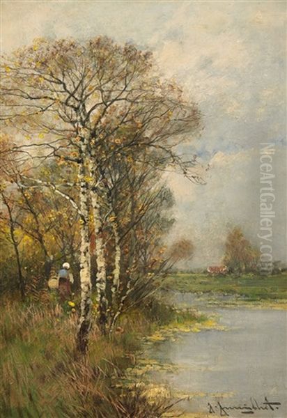 A River Landscape In Autumn (+ A River Landscape In Winter; 2 Works) Oil Painting by Johann II Jungblut