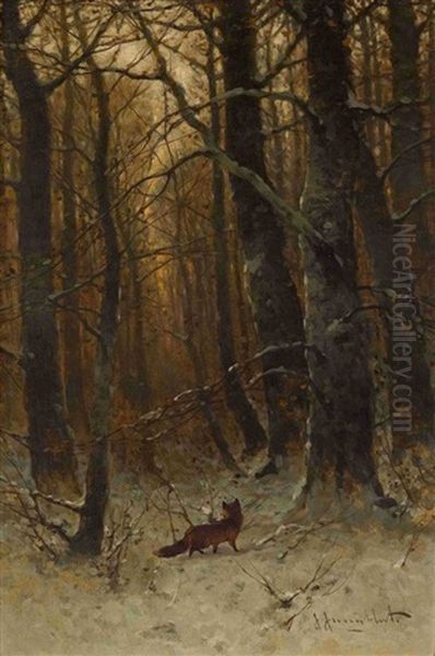 Fuchs Im Winterwald Oil Painting by Johann II Jungblut