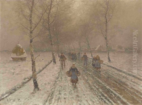Bauern Auf Breiter Allee In Verschneiter Landschaft Oil Painting by Johann II Jungblut