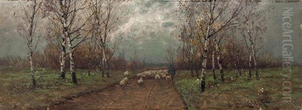 Sommerlandschaft Mit Hirte Und Schafherde In Birkenallee Oil Painting by Johann II Jungblut