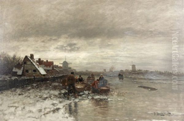 Winterlicher Fischmarkt Am Zugefroreren Fluss Oil Painting by Johann II Jungblut