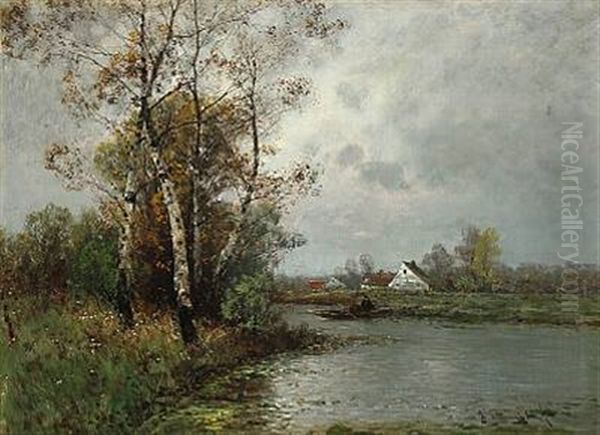 Landscape With Birch Trees By A Lakeshore And Two Men In A Boat Oil Painting by Johann II Jungblut