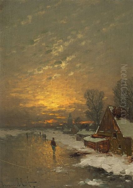 Coastal Landscape In The Evening; Ice Fishing (pair) Oil Painting by Johann II Jungblut