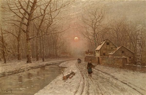 Abendstimmung Uber Einer Dorfstrase Oil Painting by Johann II Jungblut