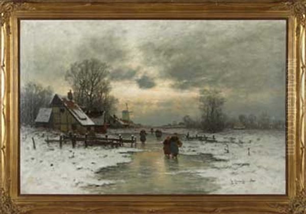 Heimweg Uber Zugefrorenem Fluss Oil Painting by Johann II Jungblut