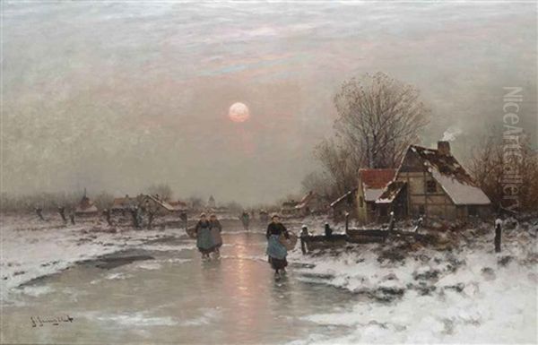 Dutch Peasants On A Frozen Waterway At Sundown Oil Painting by Johann II Jungblut