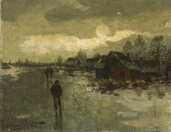 Spazierganger In Schneelandschaft Bei Abenddammerung Oil Painting by Johann II Jungblut
