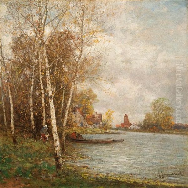 Birken Am Flusufer Oil Painting by Johann II Jungblut