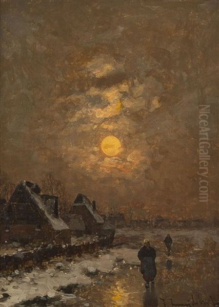 Bauersfrau Auf Zugefrorenem Flus Vor Dem Dorf Oil Painting by Johann II Jungblut