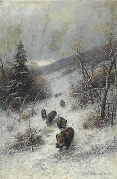 A Herd Of Boars Running Through The Woods In The Snow Oil Painting by Johann II Jungblut