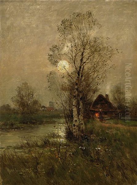 Birken Am Bach Bei Mondschein Oil Painting by Johann II Jungblut