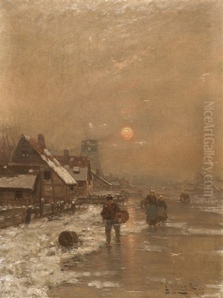 Bauern In Winterlicher Dammerung Oil Painting by Johann II Jungblut