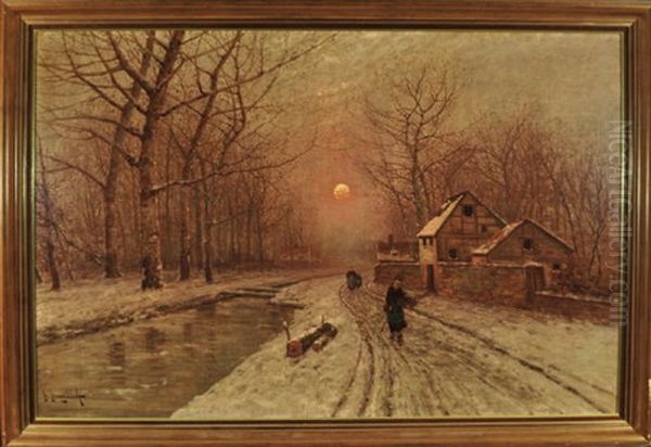 Winterabend Am Verschneiten Flussufer Am Rande Eines Dorfes Mit Personen Oil Painting by Johann II Jungblut