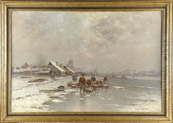 Fischersfrauen Auf Dem Eis In Winterlandschaft Mit Siedlung Und Muhlen Im Hintergrund Oil Painting by Johann II Jungblut