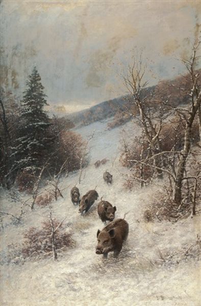A Sounder Of Boars In A Wintery Forest Oil Painting by Johann II Jungblut